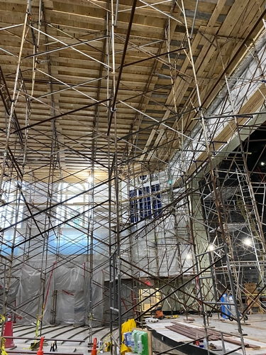 Staging was built to inspect and repair damage on the ceiling of the auditorium at Hope High School